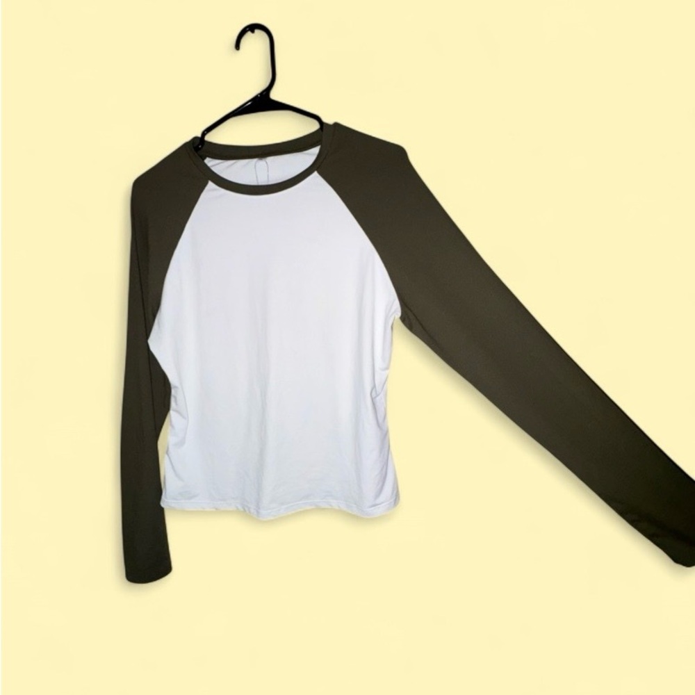 Women’s Olive & White Raglan Long Sleeve Top Casual Baseball Tee - Size XL